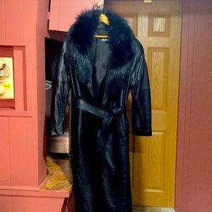 Full length black leather coat w/ real mink collar